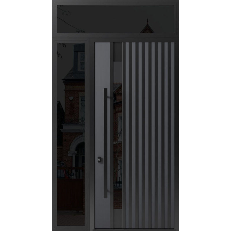 Porte d'entrée extérieure prémontée en acier Ronex 0144, grise, avec imposte latérale et supérieure, style moderne, peinte, largeur 36+16 po x hauteur 96+16 po, ouverture à droite vers l'intérieur