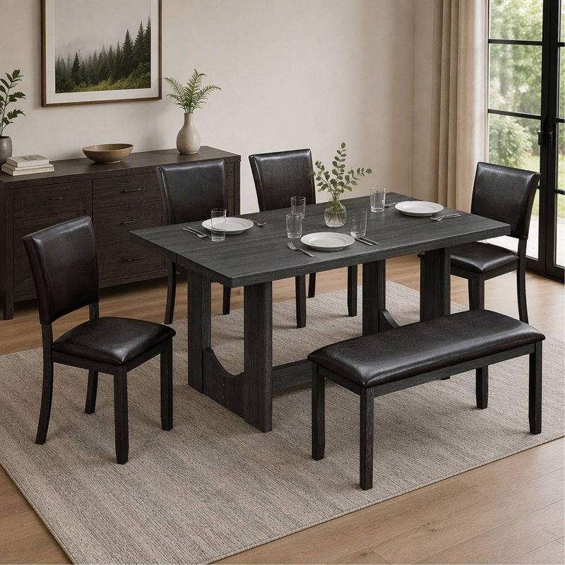 Ensemble de salle à manger 6 pièces avec banc, table de cuisine de style ferme moderne avec chaises et banc en similicuir, ensemble de salle à manger rectangulaire en bois avec piètement en forme de U, similicuir noir antique et brun foncé