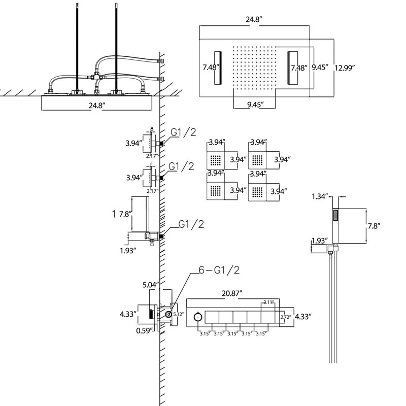 Système de douche thermostatique, pomme de douche 24,8 x 12,99 po à deux fonctions, fixation au plafond avec jets manuels et corporels avec valve brute