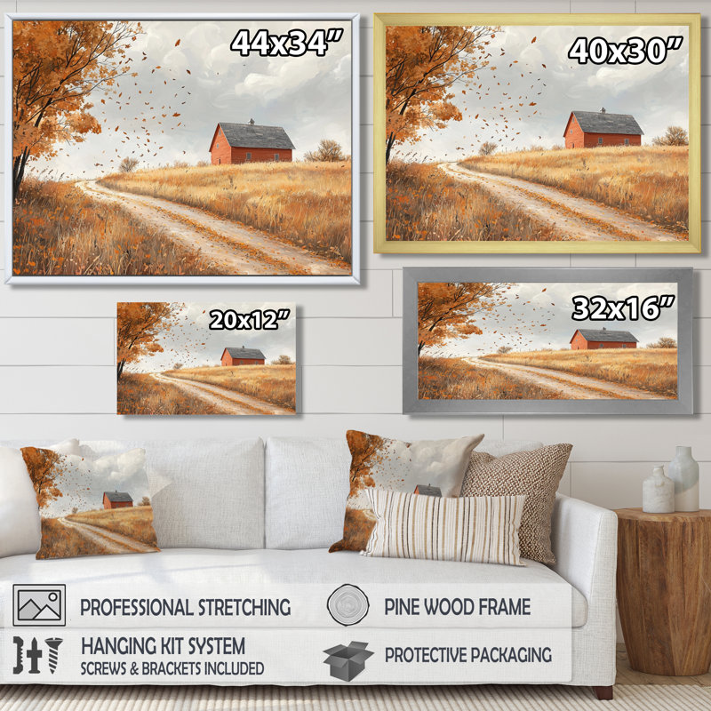 Drewry Windy Prairie Leaves Path To The Farm I - feuilles, art mural, H 12 po x l 20 po, Impression encadrée flottante
