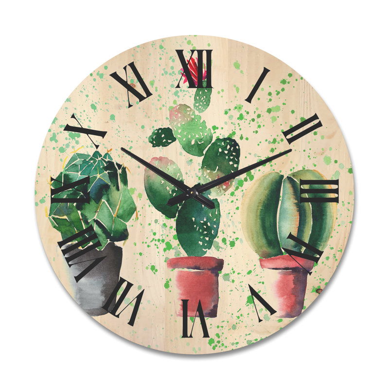 Horloge murale trois cactus en pot d'argile, Très grand