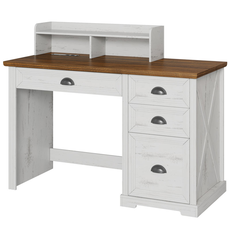 Home Office Desk With Drawers And Usb Ports, Rustic Writing Computer Table With Led Light, White