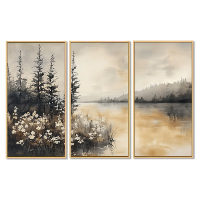 Fleurs sauvages, art floral sur toile - Fleurs noires et blanches, lac Horizon, ensemble de 3 toiles encadrées, décor floral moderne