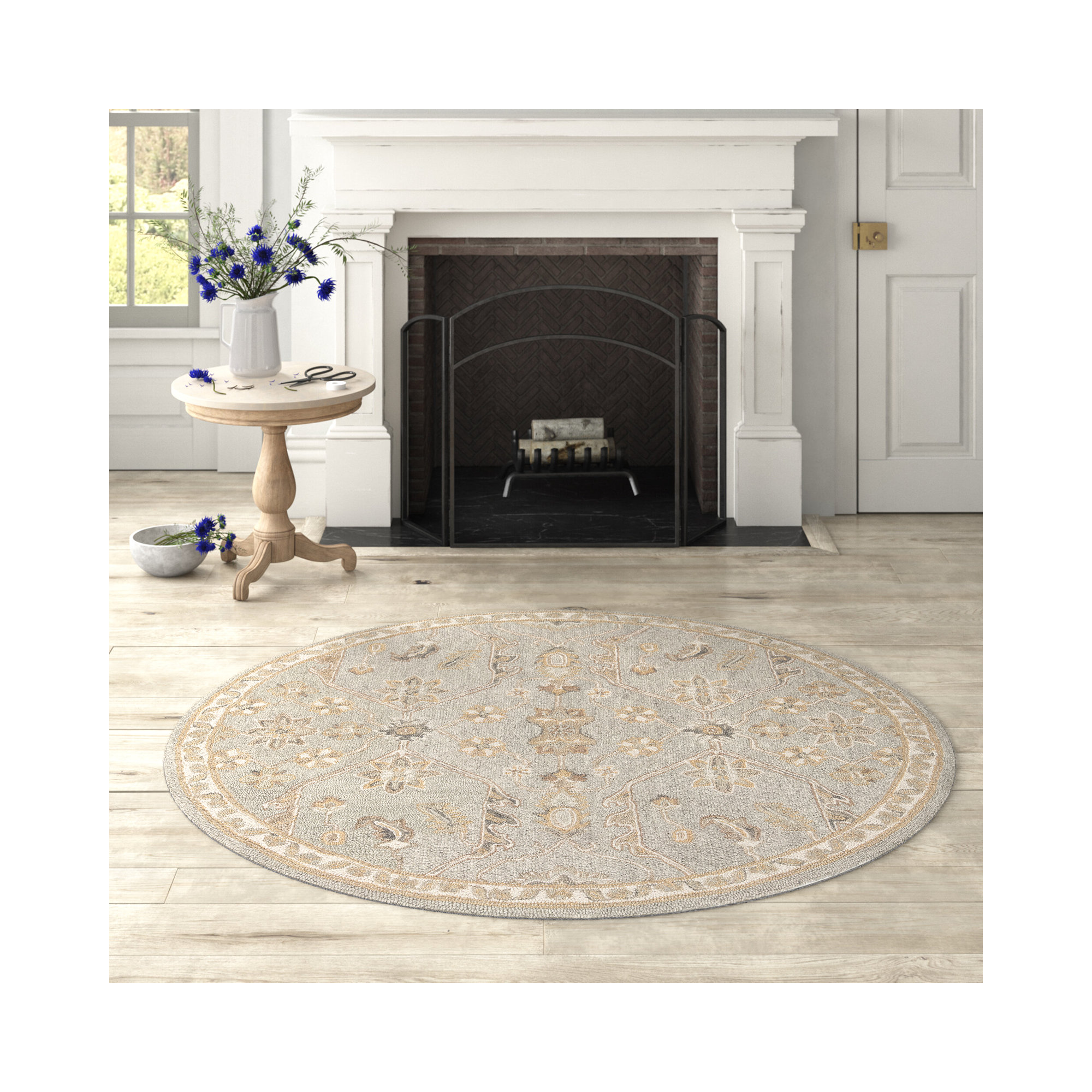Airlie Oriental Handmade Tufted Wool Area Rug in Slate/Beige, Round 6'