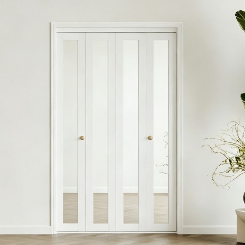 Porte CHIC MODE 48 po x 80 po, blanche, entièrement vitrée, miroir, porte pliante en MDF massif avec quincaillerie