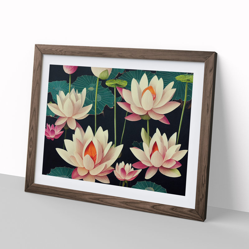 Dashing Lotus Flowers - Framed Print, 25cm H x 34cm W x 2cm D, Walnut