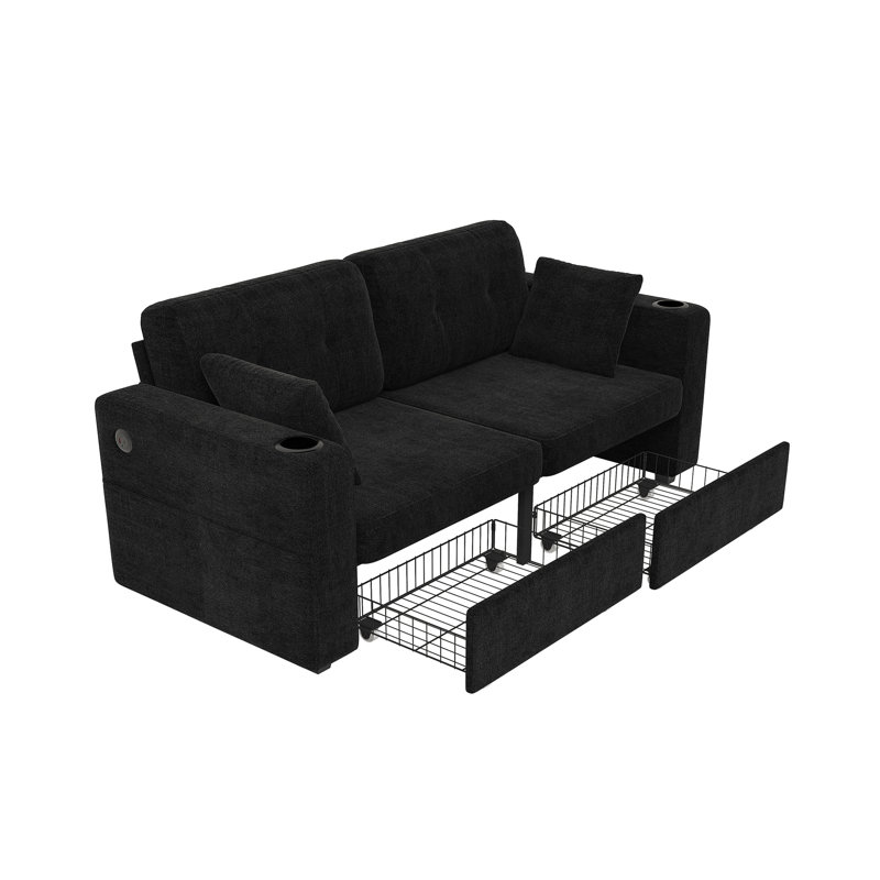 68'' Chenille Sofa With Multi-Functional Armrests, Black