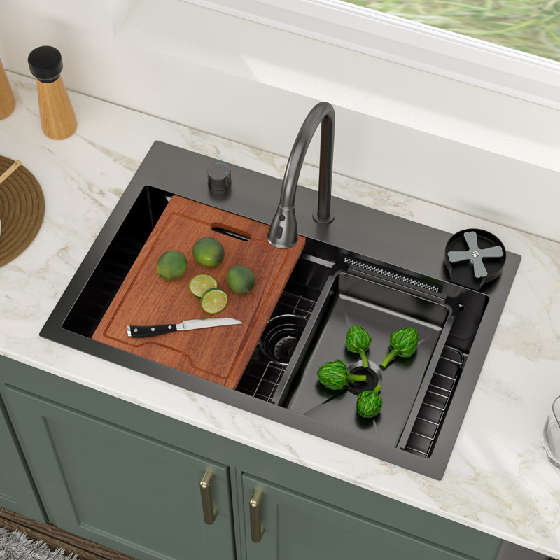 31" L x 20" W Drop-In Waterfall Kitchen Sink Single Bowl 16-Gauge Stainless Steel Workstation Kitchen Sink with Flying Rain Waterfall Faucet