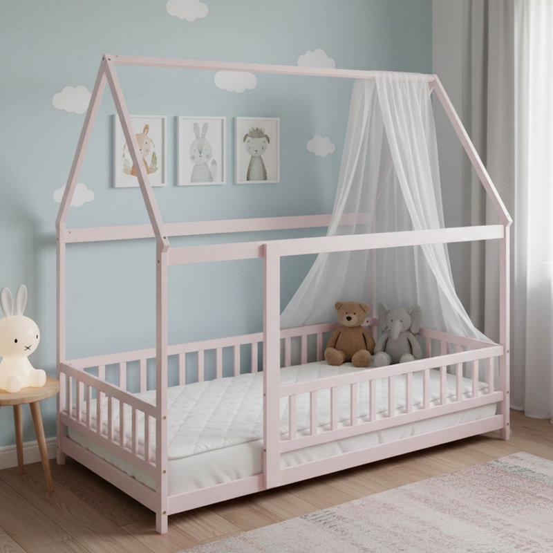 Lit pleine grandeur en bois massif avec structure de toit, lit plateforme avec barrières de sécurité pour garçons et filles