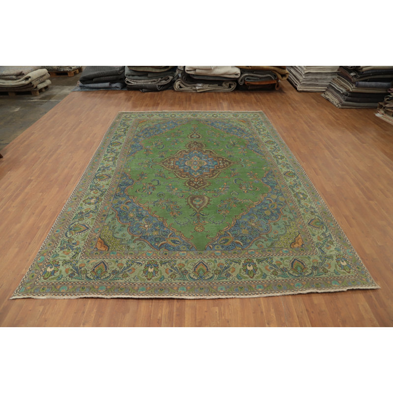 Grand tapis traditionnel rétro vert 10 x 14