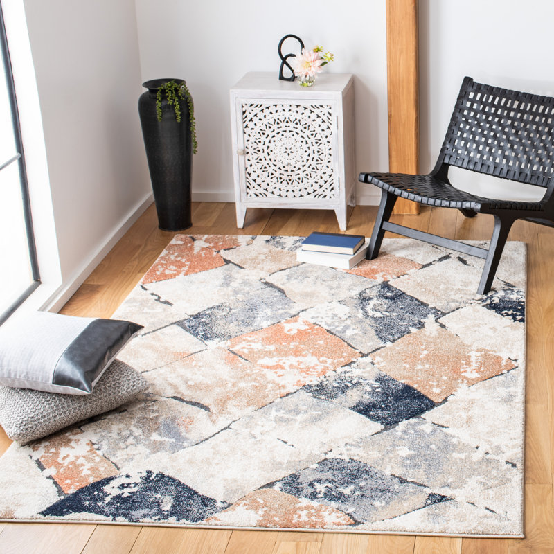 Tapis ivoire à motif géométrique, Rectangle 5 pi 3 po x 7 pi 7 po