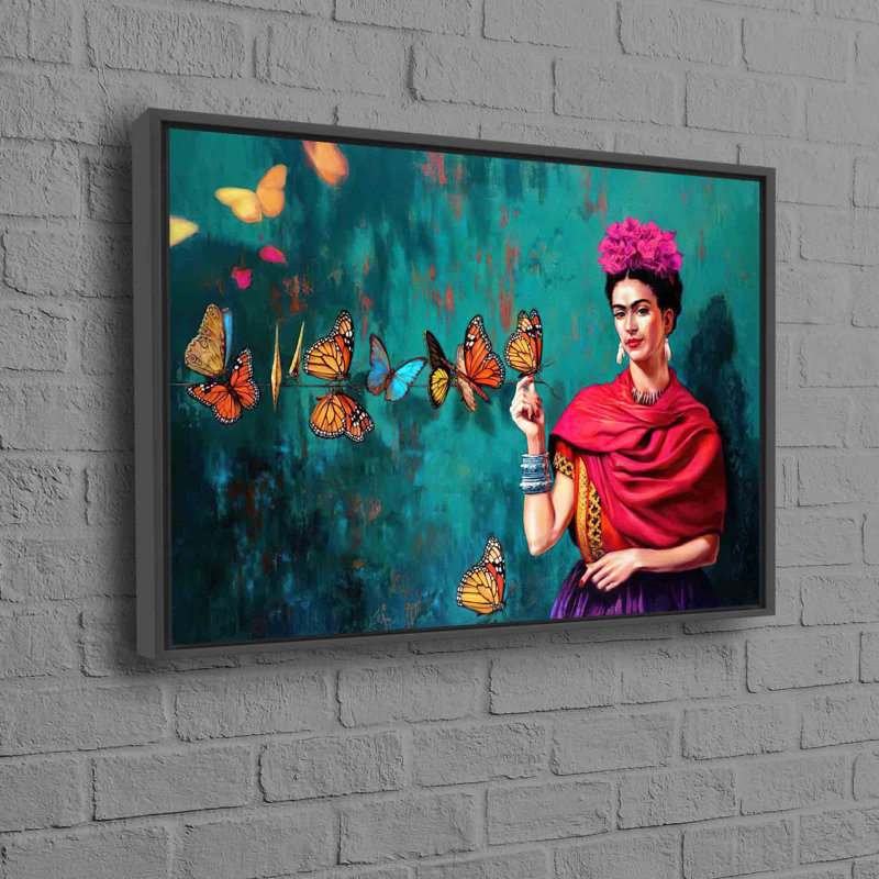 Art mural en toile de coton Frida au milieu des papillons, idéal pour la décoration moderne, H 41 po x l 94 po