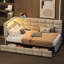 Lit de jour simple tapissier beige avec station de charge, 2 tiroirs et 7 lumières à DEL à options de couleurs, tiroirs de rangement