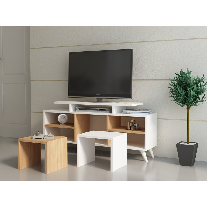 Modern TV Unit with Coffee Table (2 Pieces), White & Teak, 47.2 x 22.4 x 11.6 inches | 100% Melamine Coated Particle Board, Thickness: 0.7 inches | Wall-Mountable Design, Multiple Shelves for Storage & Display