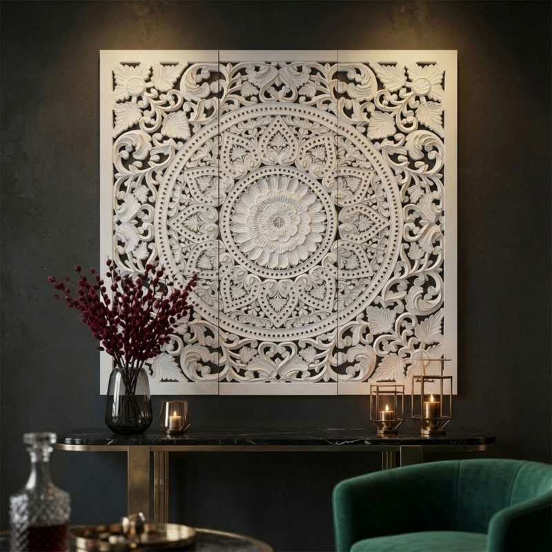 Teather 3Pc Wood Wall Panel Set, Mandala Floral Carving, Antique White Finish, 48 Inch Square Decor
