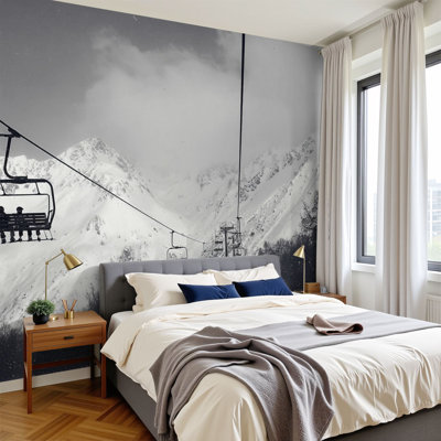 Peel and Stick Wallpaper 144" W x 100" H Modern Self Adhesive Wall Mural for Bedroom Chairlift Ski Resort Snowy Mountain Retro Black and White