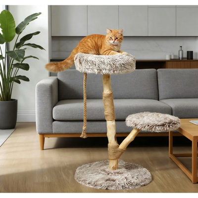 Arbre à chat pour animaux de compagnie d'intérieur, poteaux à griffer en bois naturel en jute, grand support de base en panneau de particules, lits moelleux, sommeil confortable, corde, activité de zone de saut, s'adapte aux chats de moins de 10 lb, assemblage