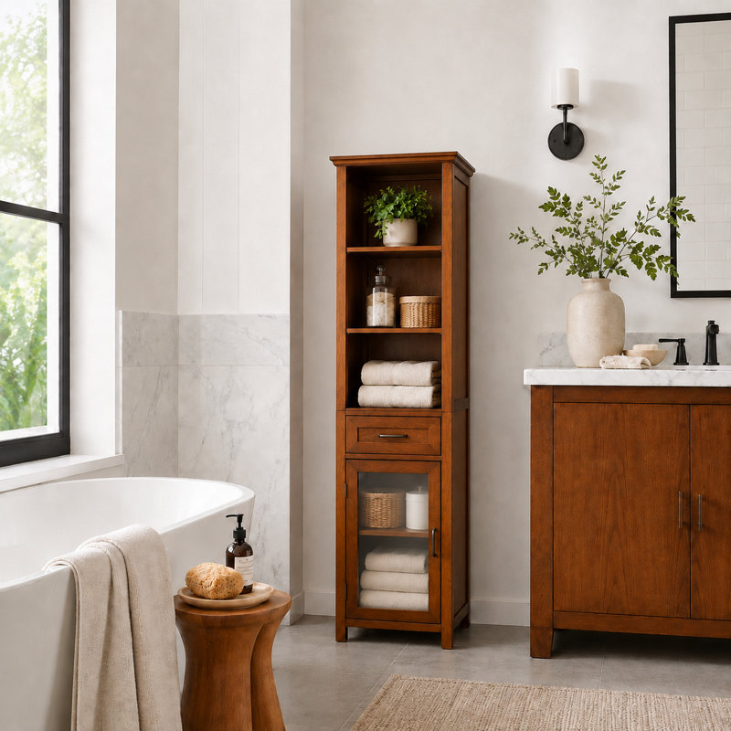 Yarissa Freestanding Multifunctional Linen Accent Storage Cabinet with Glass Doors and Adjustable Shelf