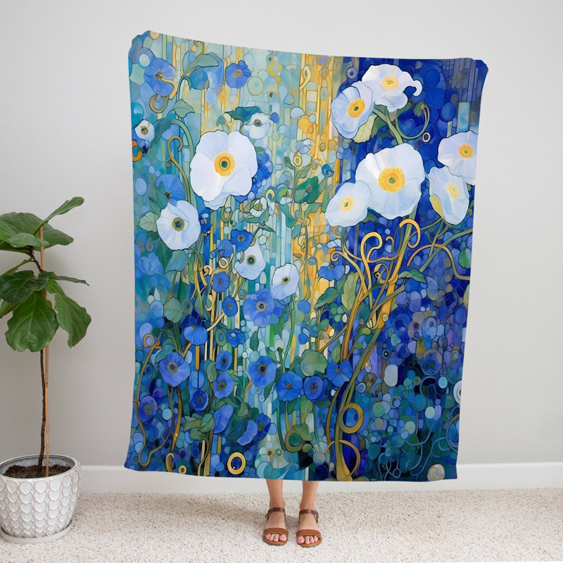 Throw Blanket, 51" W x 60" L, Floral/Abstract, Blue/Yellow/White