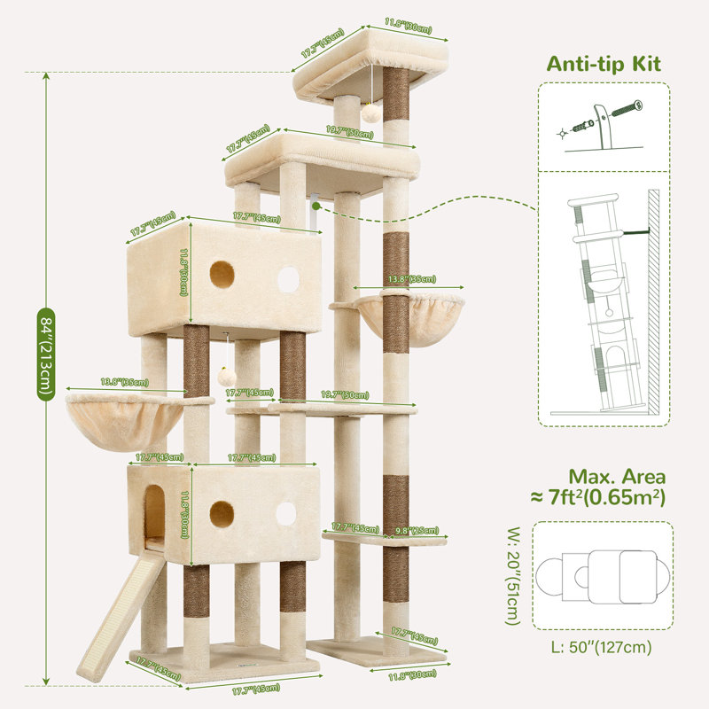 Tour pour arbre à chat multi-niveaux de 84 pouces de hauteur avec 9 poteaux à griffer en sisal, 2 condos pour chat, hamac et perchoir moelleux surdimensionné - idéale pour les chats d'intérieur