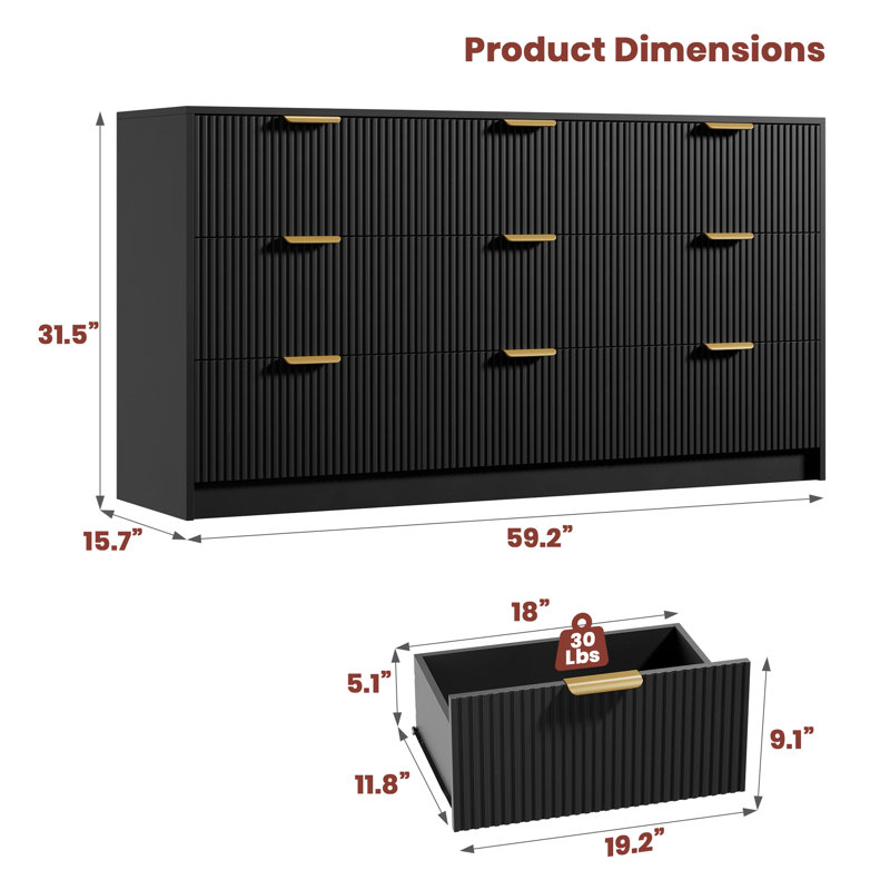 Fluted Drawers Dresser for Bedroom, 67" Wide Modern Chest of Drawers with Metal Handle, Storage Organizer and Dresser TV Stand for Bedroom, Living Room, Hallway