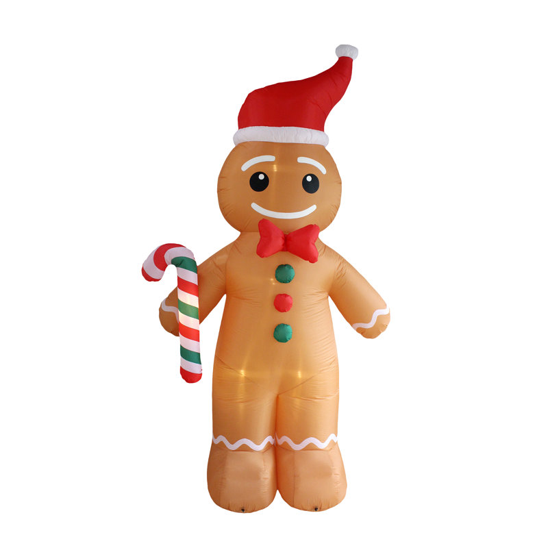 Grand homme gonflable en pain d'épice de Noël 12 pieds avec canne en bonbon rouge et vert avec lumières DEL intégrées