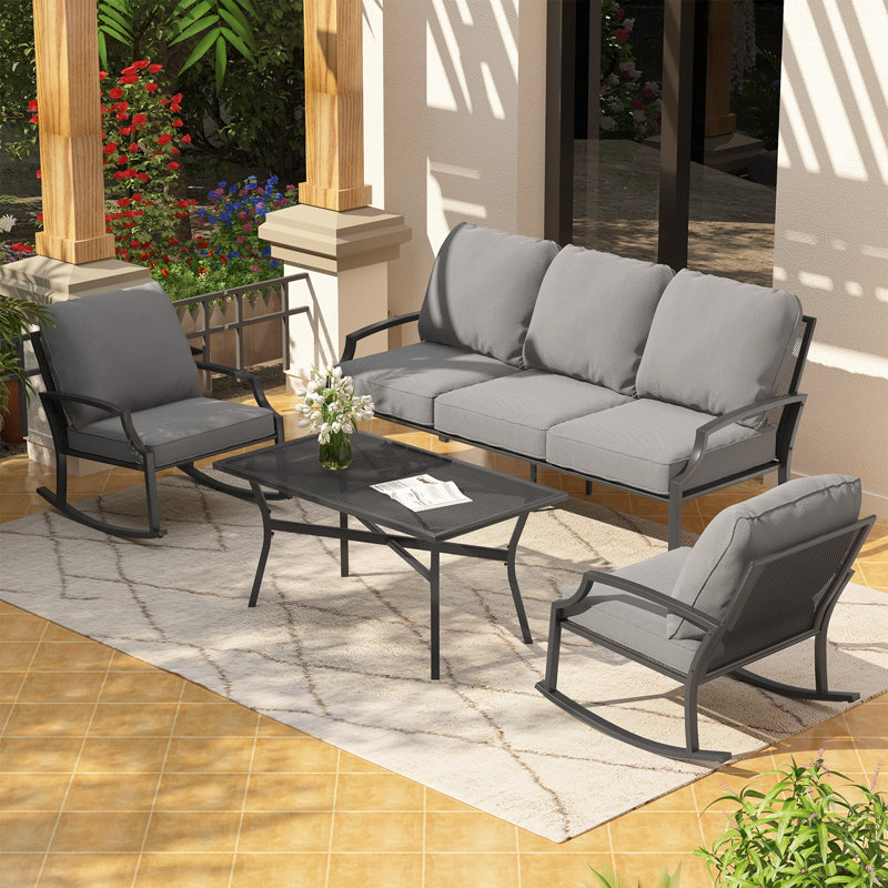4 Piece Metal Mesh Patio Conversation Bistro Set With Coffee Table, Light Gray