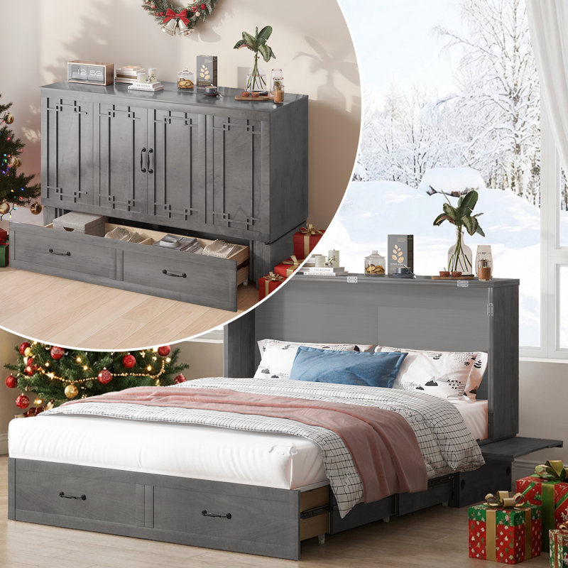  Grand lit escamotable en bois massif avec tiroir et station USB, Gris