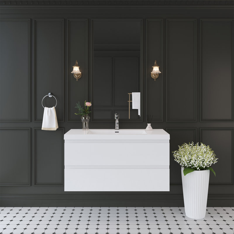 Meuble-lavabo flottant 42 po avec lavabo, 42", Blanc lustré