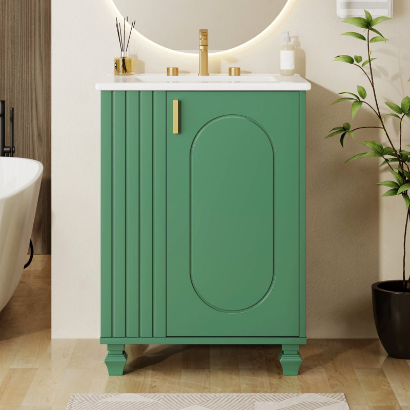 Meuble-lavabo de salle de bain avec lavabo, armoire de salle de bain avec tablette de rangement latérale ouverte, Vert