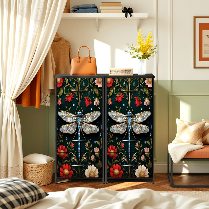 Commode pour la chambre à coucher avec 4 tiroirs de rangement Élégante libellule à motif de gemmes bleues Motifs floraux Commodes vertes Commode en acier avec cadre en tissu pour vestibule
