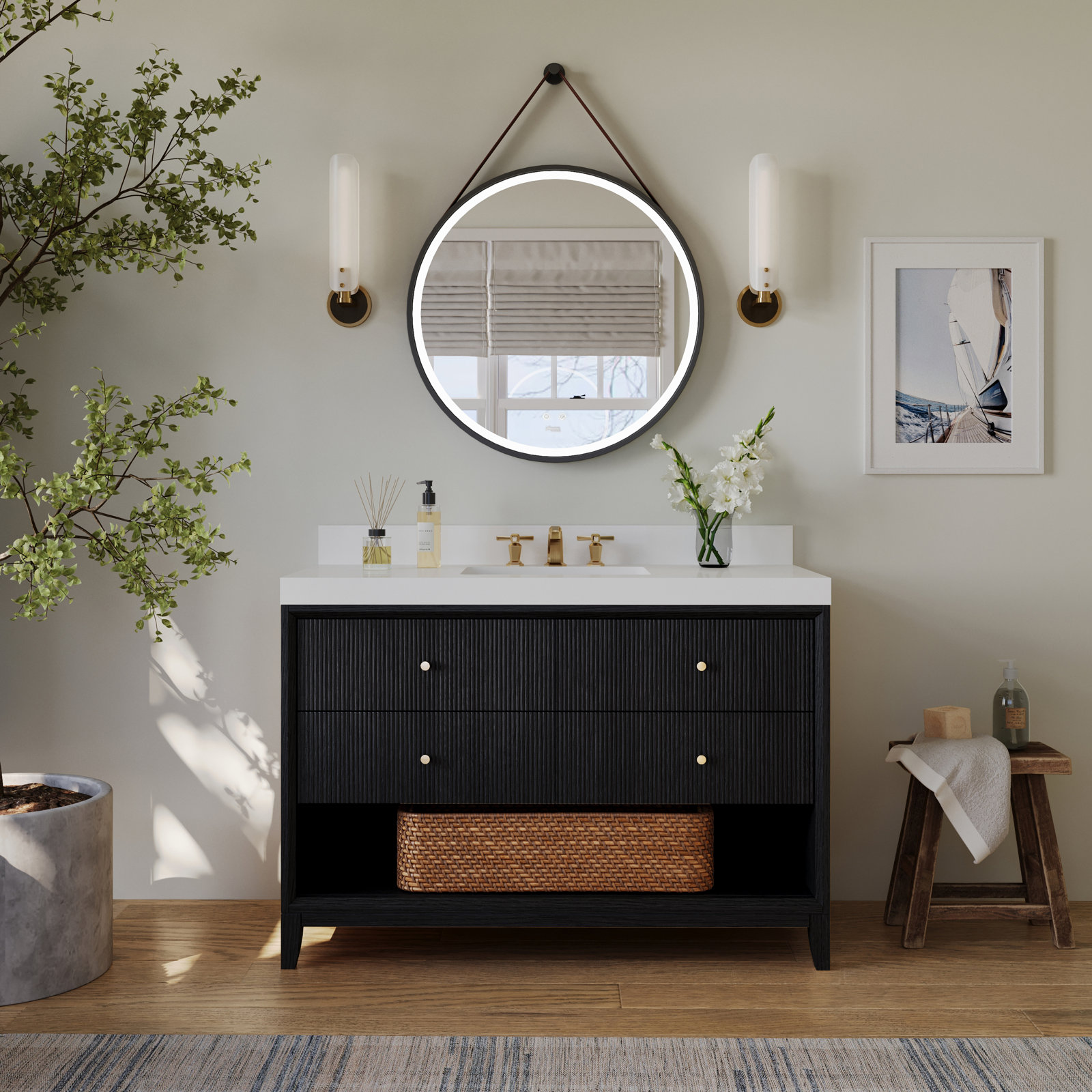 Momo 84" Oak Single Bathroom Vanity, Black Oak, 48"