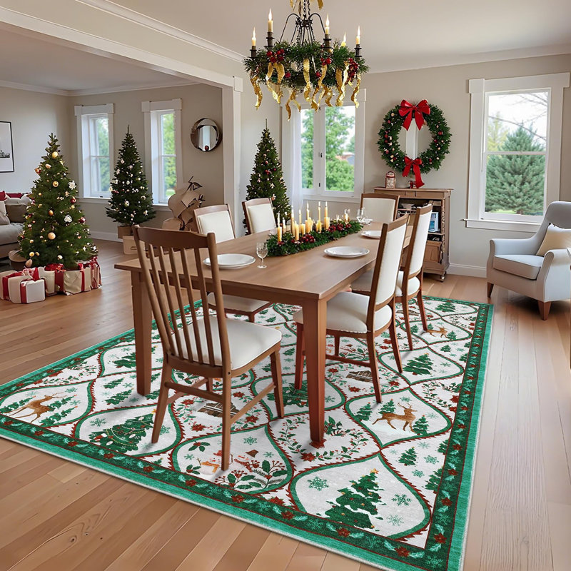 8x10ft Washable Christmas Area Rug Non Slip Decorative Xmas Holiday Carpet with Santa & Reindeer Print Soft Non Shedding