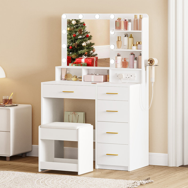 Dressing Table with 3-Colour LED Adjustable Brightness, Vanity Table with Plug and Large Mirror, Stool and Hairdryer Holder, Muti-Drawer Dressing Table, 6 Open Storage Areas,