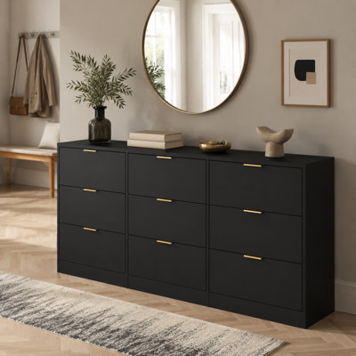 Modern Matte Black Dresser Slim Gold Pulls 9-Drawer Storage