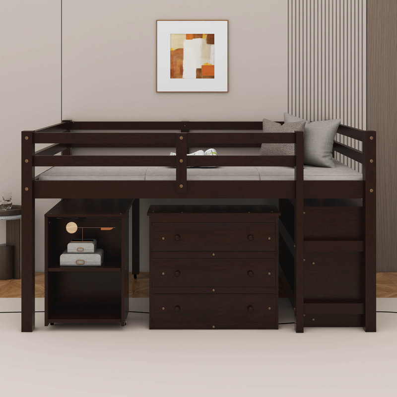 Lit mezzanine double avec armoire, tablettes et bureau, Espresso