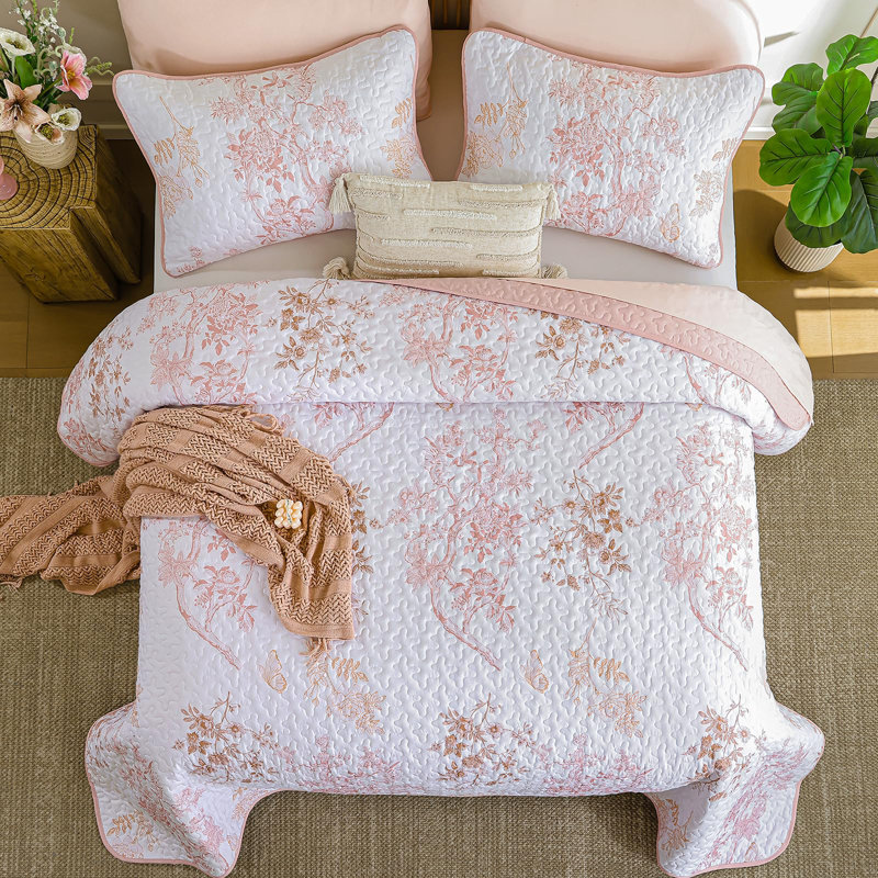 Ensemble de courtepointe à motif floral à motif de feuilles et de papillons 3 pièces, Rose