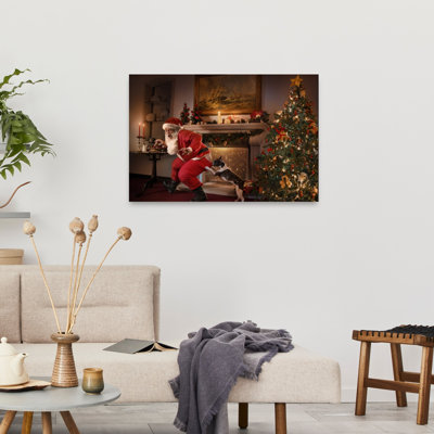 «Naughty Dog Surprise Santa Traditional Abstract Christmas Tree Dog Winter Landscape», reproduction d'art mural