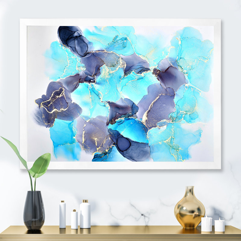 Turquoise de luxe abstrait fluide III - peinture sur toile, H 12 po x l 20 po x P 1 po, Cadre photo blanc
