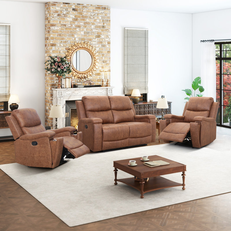 3-Piece Vegan Leather Reclining Living Room Set, Cognac