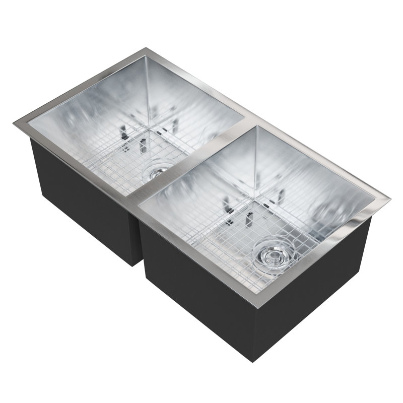 Zero Radius Stainless Steel Double Bowl Kitchen Sink with Drain and Grate Kit