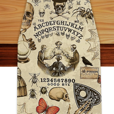 Chemin de table d'Halloween, nappe rétro vintage à motif de crâne gothique pour la fête des morts, décorations d'Halloween pour la maison, dimensions : 33 x 122 cm, polyester.