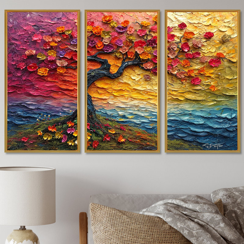 Arbre en fleurs avec fleurs rouges - ensemble d'art mural arbre floral, Cadre flottant doré, H 40 po x l 60 po x P 1 po