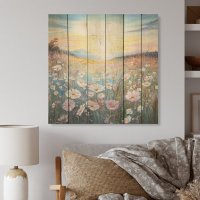 Fleurs roses dans un paysage de vallée I - champ de fleurs, art mural sur bois de pin naturel