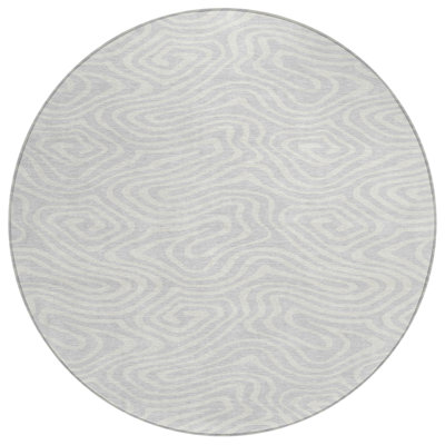 8' Silver And Gray Round Abstract Washable Indoor Outdoor Area Rug