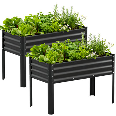 COMHOMA - Paquet de 2 jardin surélevé avec pieds 4 x 2 x 2,5 pi, grande boîte à fleurs surélevée en métal galvanisé avec trous de drainage, trousse de culture extérieure avec outils de gants pour pelouse de jardin, noir