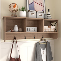 2-Tier Wall Hooks with Shelves, White Wood Coat Rack with Shelf  Wall-Mounted, 24''Entryway Floating Lip Shelves with 4 Tri Hooks  Underneath, Coat Hook