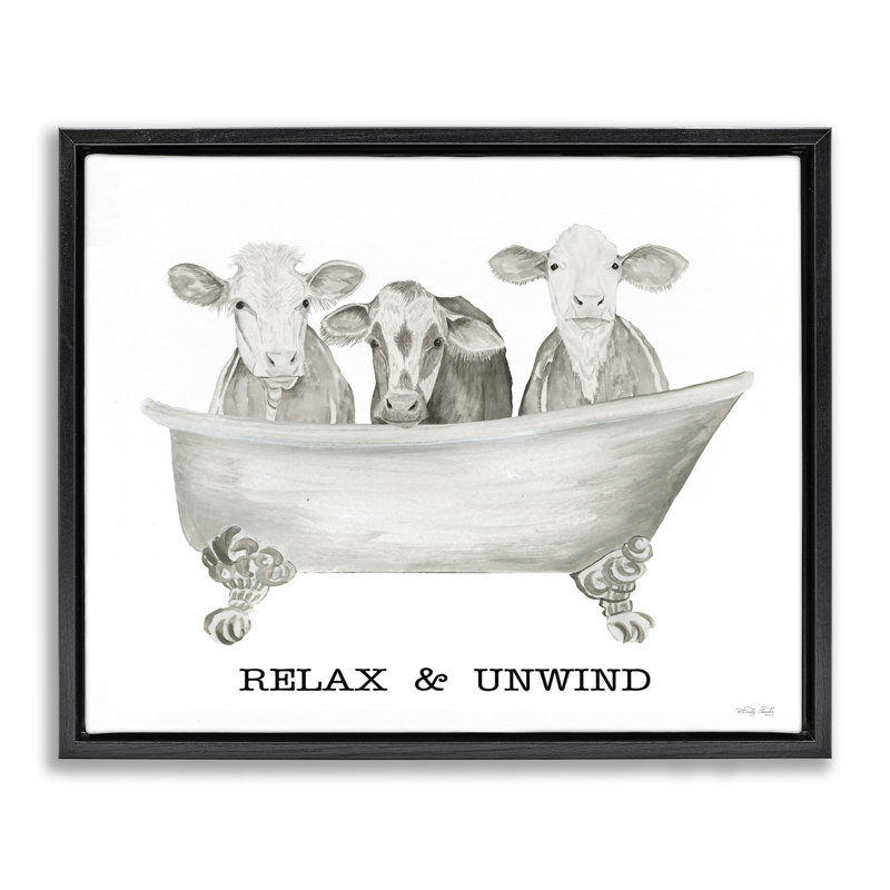 "Relax Unwind Cow Tub", art mural sur toile flottante par Cindy Jacobs, Cadre flottant noir de jais, H 17 po x l 21 po