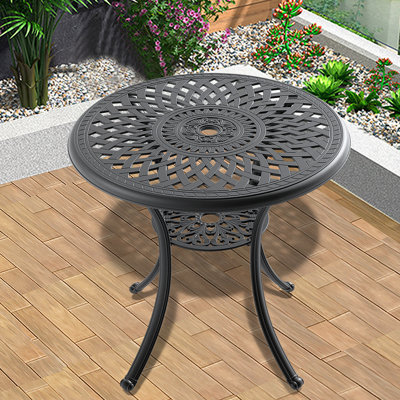 Table de salle à manger 30,71 pouces en fonte d'aluminium avec structure noire et trou pour parasol