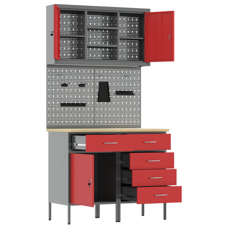 Work Cabinet Set with Drawer with Shelf, Red